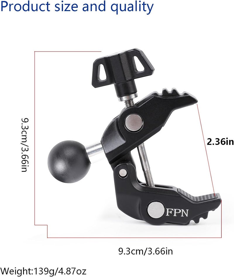 FPN Aluminum Alloy 1" Ball Handlebar Clamp Mount for 0.5-2.0 inch Poles, Compatible with RAM Mounts B Size Double Socket Arm and Motorcycle/Bike Phone Mount - Image 2